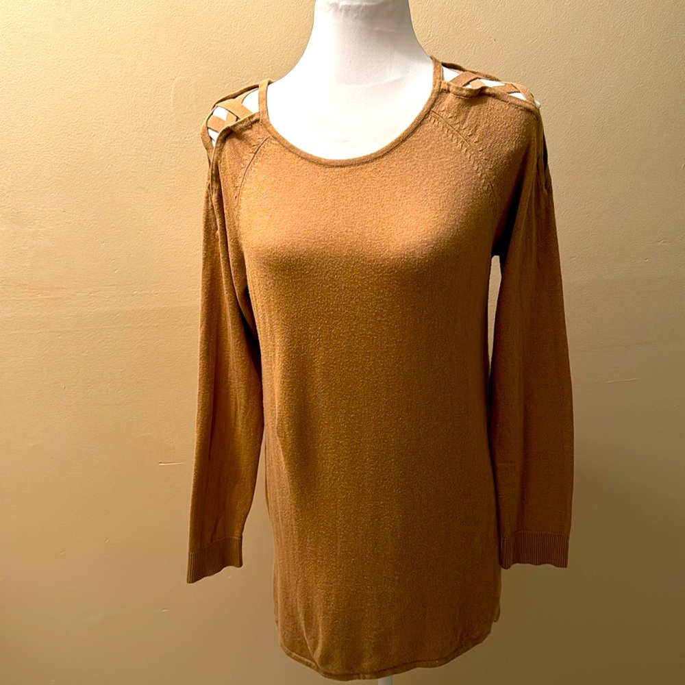 Rounded neck laced cold shoulder tan tunic  NY&C